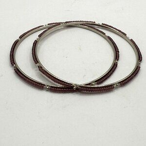 Set Of 2 Silver & Maroon Beaded Bangles With Metal Accents